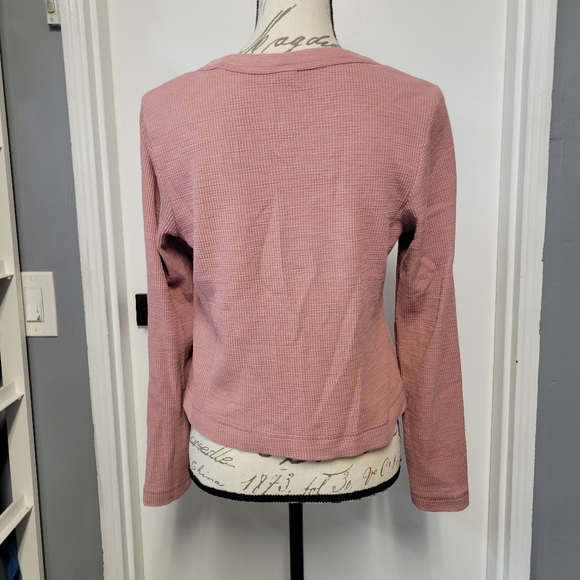 2/$16 Long Sleeve Waffleknit Cropped Thermal Tops White Pink XS-S - Picture 3 of 11